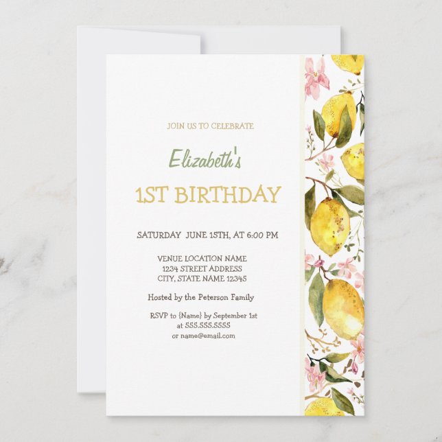 Watercolor Blooming Yellow Lemons Birthday  Invitation (Front)