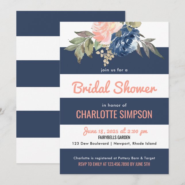 Watercolor Blooms Navy Blue Stripes Bridal Shower Invitation (Front/Back)