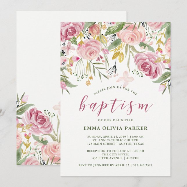 Watercolor Blooms | Pink and Gold Floral Baptism Invitation (Front/Back)