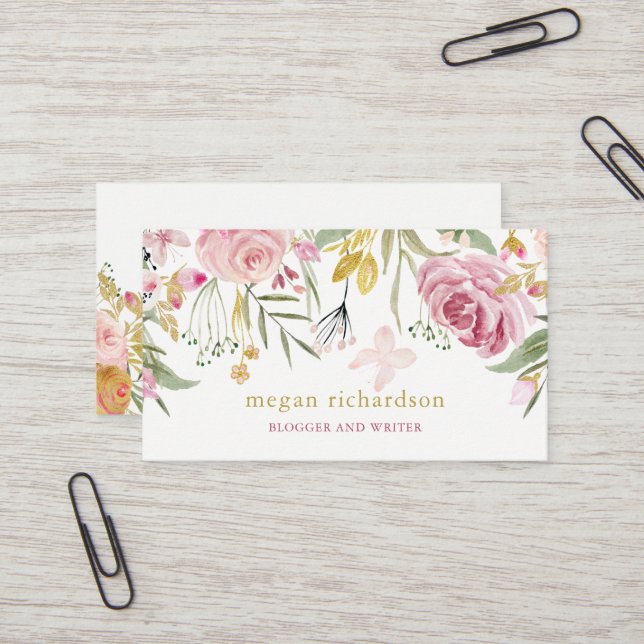 Watercolor Blooms | Pink and Gold Floral Business Card (Front/Back In Situ)