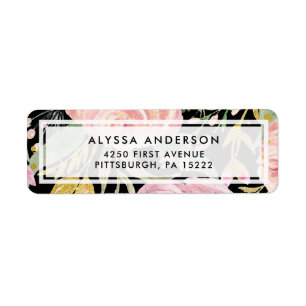 Watercolor Blooms   Pink and Gold Floral on Black