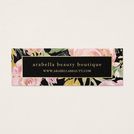 Watercolor Blooms | Pink and Gold Floral on Black Mini Business Card