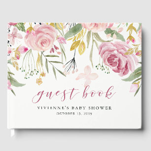 Watercolor Blooms   Pink and Gold Floral Party Guest Book