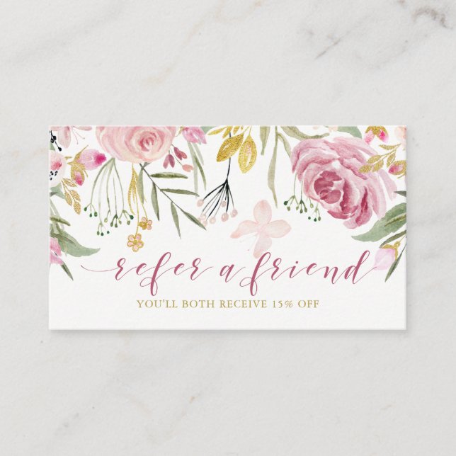 Watercolor Blooms | Pink and Gold Floral Referral (Front)