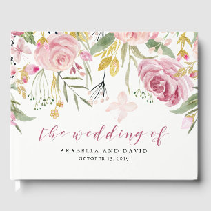 Watercolor Blooms   Pink and Gold Floral Wedding Guest Book