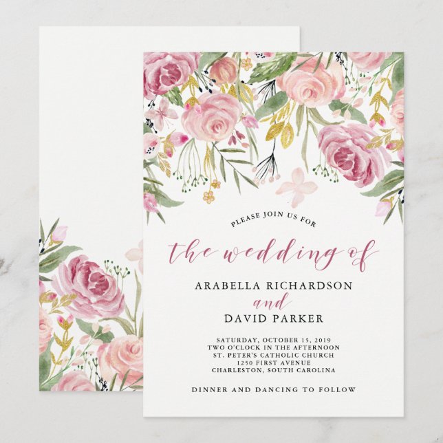 Watercolor Blooms | Pink and Gold Floral Wedding Invitation (Front/Back)