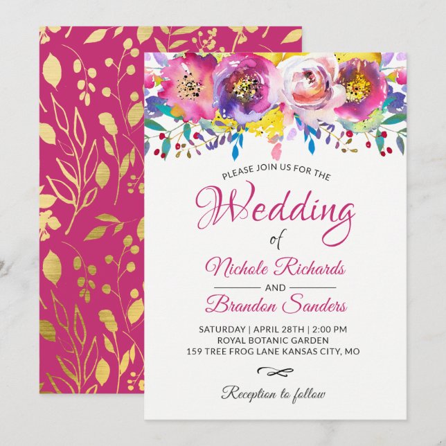 Watercolor Blossom Fuchsia Gold Floral Wedding Invitation (Front/Back)