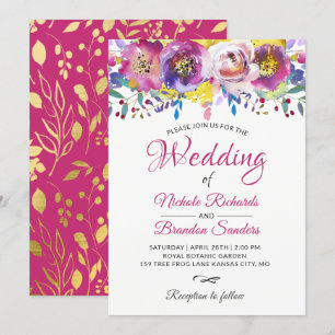 Watercolor Blossom Fuchsia Gold Floral Wedding Invitation