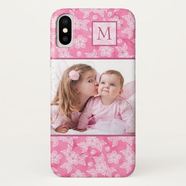 Watercolor Blossom Pink Monogram Photo Case-Mate iPhone Case (Back)