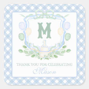 Watercolor Blue 1st Birthday Monogram Crest Gift Square Sticker