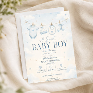 Watercolor Blue A Sweet Baby Boy Shower Elegant Invitation
