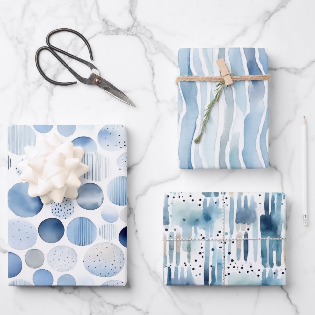 Watercolor Blue Abstract Stripe Circles Wrapping Paper Sheet (Front)