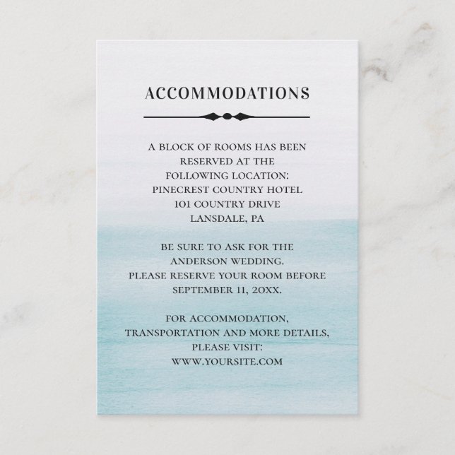 Watercolor blue accommodations. Wedding details Enclosure Card (Front)