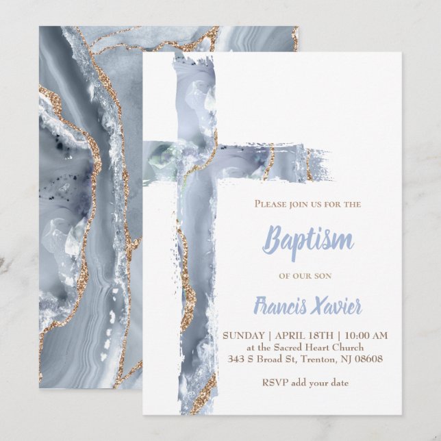 watercolor blue agate cross Baptism Invitation (Front/Back)