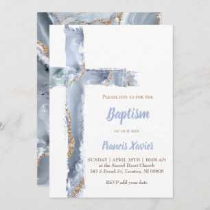 watercolor blue agate cross Baptism Invitation