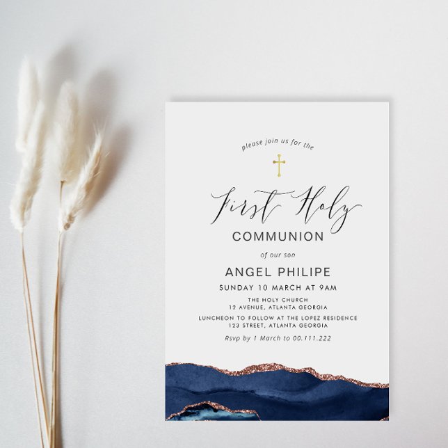 watercolor blue agate script first communion invitation (Creator Uploaded)
