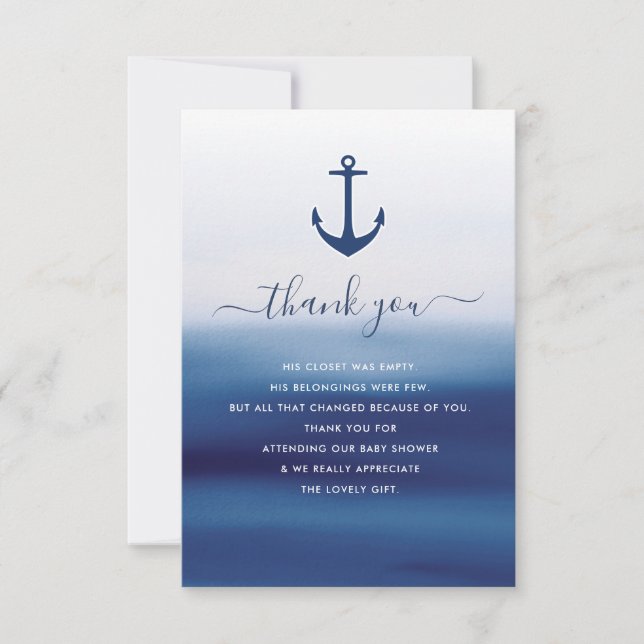watercolor blue anchor baby shower thank you card (Front)
