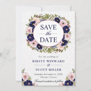 Watercolor Blue and Cream Wreath Wedding Save The Date