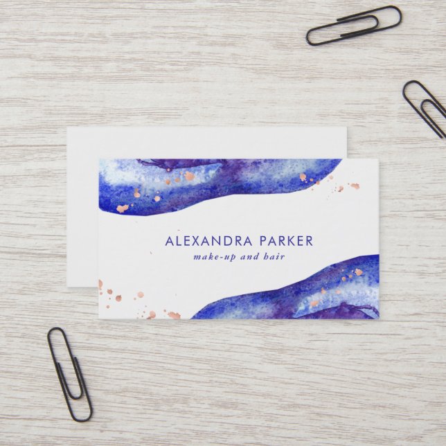 Watercolor Blue and Faux Rose Gold Geode Business Card (Front/Back In Situ)