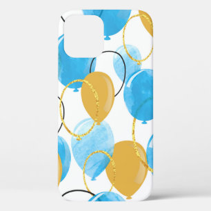 Watercolor blue and glittering gold balloons seaml iPhone 12 case