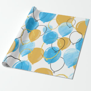 Watercolor blue and glittering gold balloons seaml wrapping paper