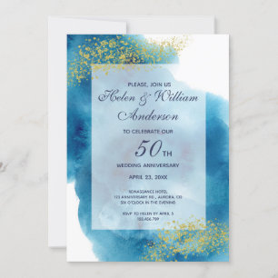Watercolor Blue and Gold 50th Wedding Anniversary Invitation
