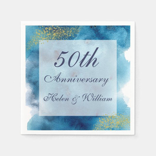 Watercolor Blue and Gold 50th Wedding Anniversary Napkin (Front)