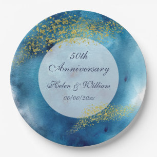 Watercolor Blue and Gold 50th Wedding Anniversary Paper Plate