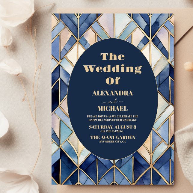 Watercolor Blue and Gold Art Deco Wedding  Invitation (Creator Uploaded)