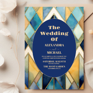 Watercolor Blue and Gold Art Deco Wedding  Invitation