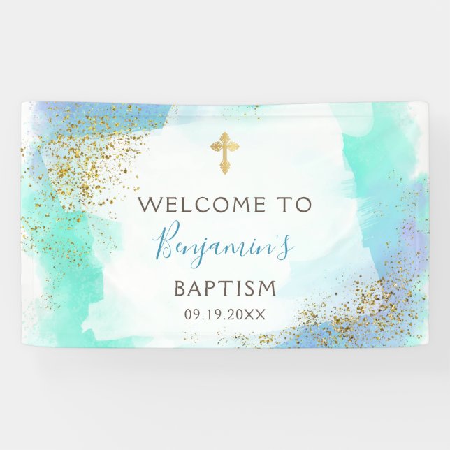 Watercolor Blue And Gold Baptism Welcome Banner (Horizontal)
