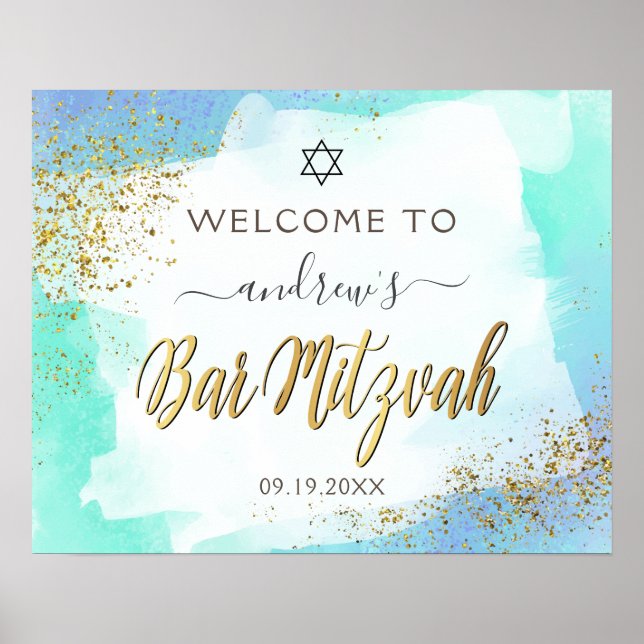 Watercolor Blue And Gold Bar Mitzvah Welcome Poster (Front)