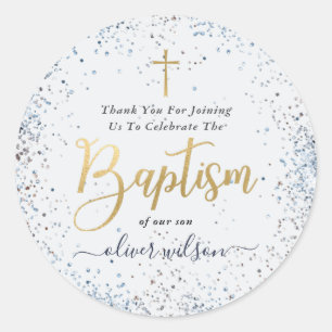 Watercolor Blue And Gold Boy Baptism Thank You  Classic Round Sticker
