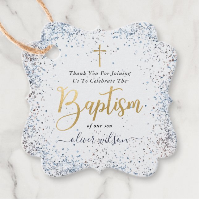 Watercolor Blue And Gold Boy Baptism Thank You Favour Tags (Front)