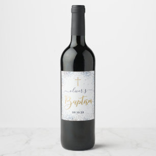 Watercolor Blue And Gold Boy Baptism  Wine Label