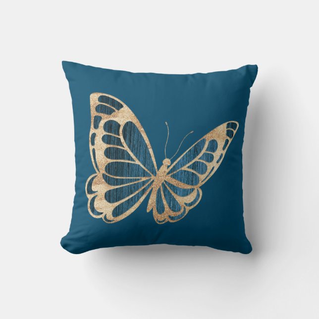Watercolor Blue and Gold Butterfly Cushion (Front)