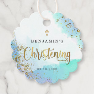Watercolor Blue And Gold Christening Thank You Favour Tags
