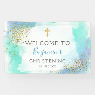 Watercolor Blue And Gold Christening Welcome Banner