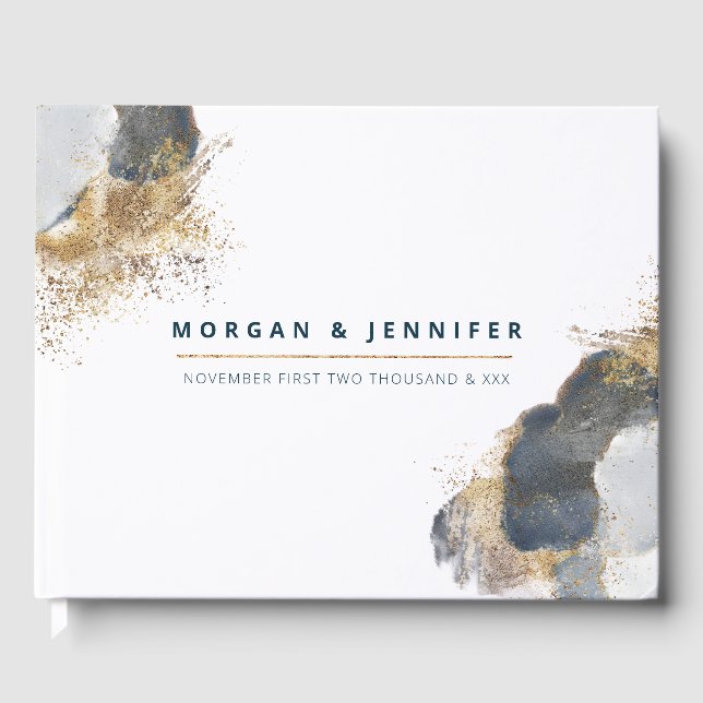 Watercolor Blue and gold Elegant Guest Book (Front)