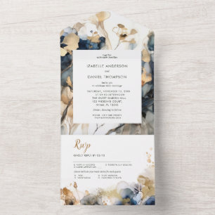 Watercolor Blue and Gold Floral Wedding All In One Invitation