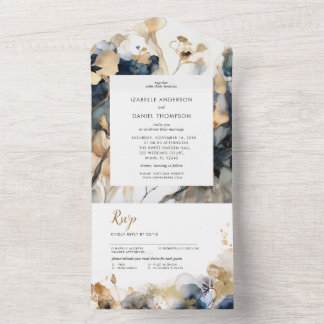Watercolor Blue and Gold Floral Wedding All In One Invitation