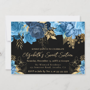 Watercolor Blue and Gold Flowers Sweet Sixteen Invitation