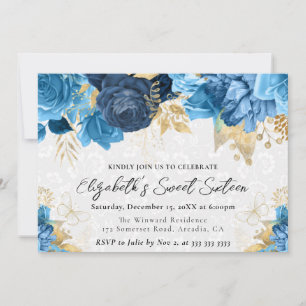 Watercolor Blue and Gold Flowers Sweet Sixteen Invitation
