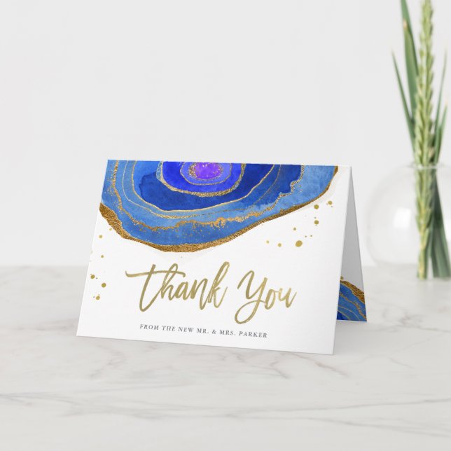 Watercolor Blue and Gold Geode | Wedding Thank You Card (Front)