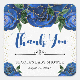 Watercolor Blue and Gold Glam Roses Baby Shower Square Sticker