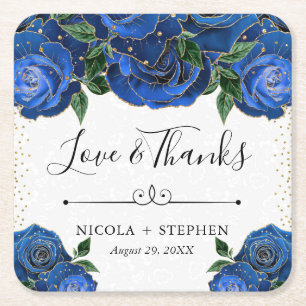 Watercolor Blue and Gold Glam Roses Wedding Square Paper Coaster