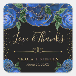 Watercolor Blue and Gold Glam Roses Wedding Square Sticker