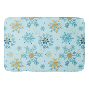 Watercolor Blue and Gold Glitter Winter Snowflakes Bath Mat