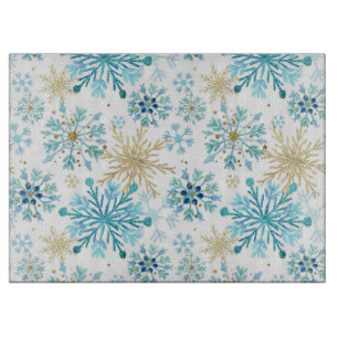 Watercolor Blue and Gold Glitter Winter Snowflakes Cutting Board