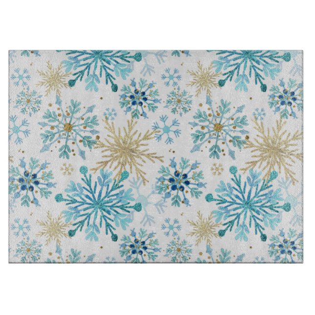 Watercolor Blue and Gold Glitter Winter Snowflakes Cutting Board (Front)